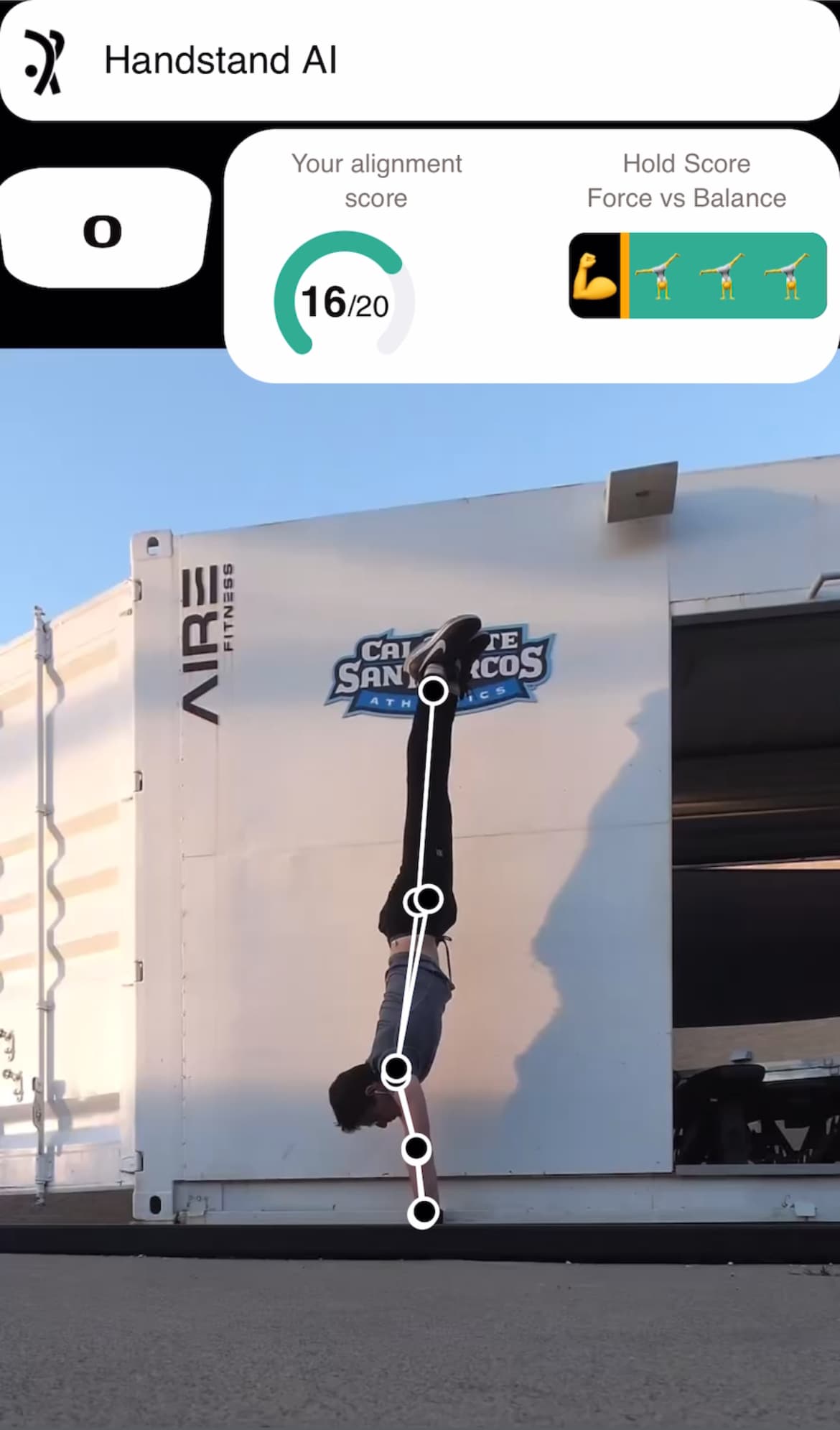 Screenshot of the Handstand AI app displaying a man performing a handstand in front of a shipping container, with an alignment score of 16/20, a force-versus-balance indicator, a handstand holding timer, and a real-time overlay illustrating body alignment.