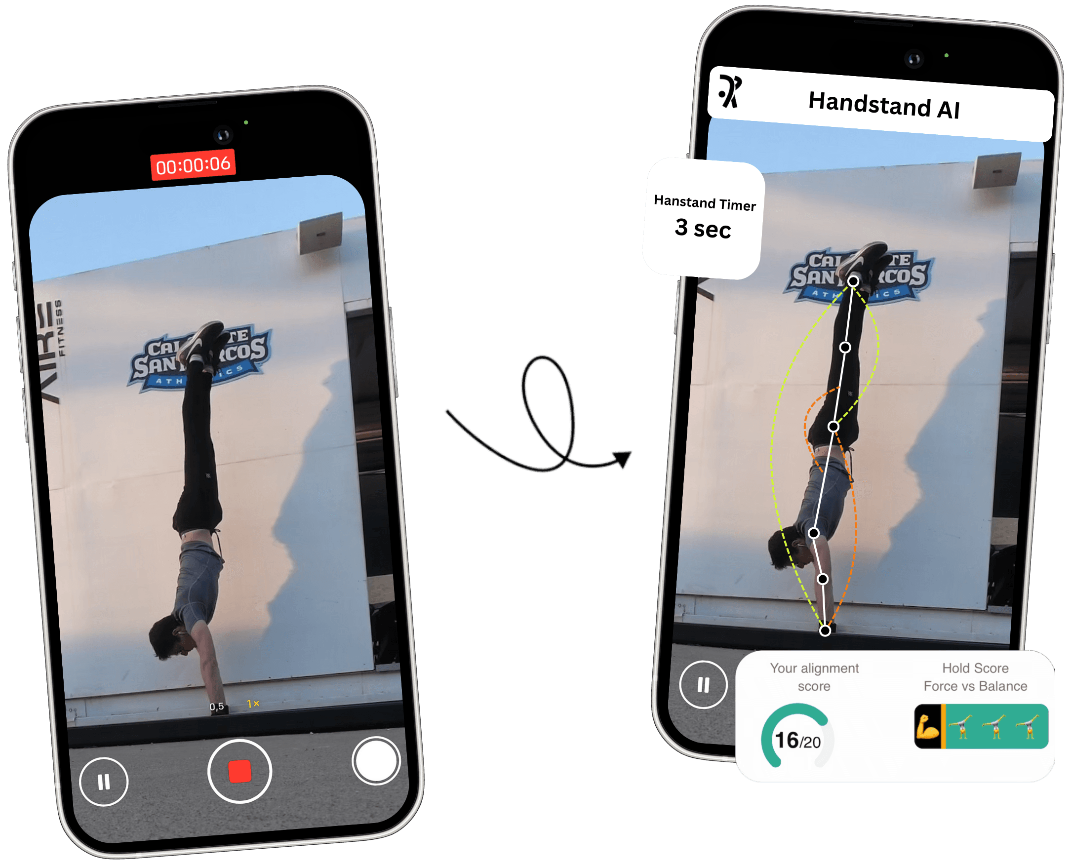 AI-powered handstand analysis app providing real-time form feedback on a man performing a handstand in front of his phone, with an overlay displaying various analyses and tracking angles in real time.